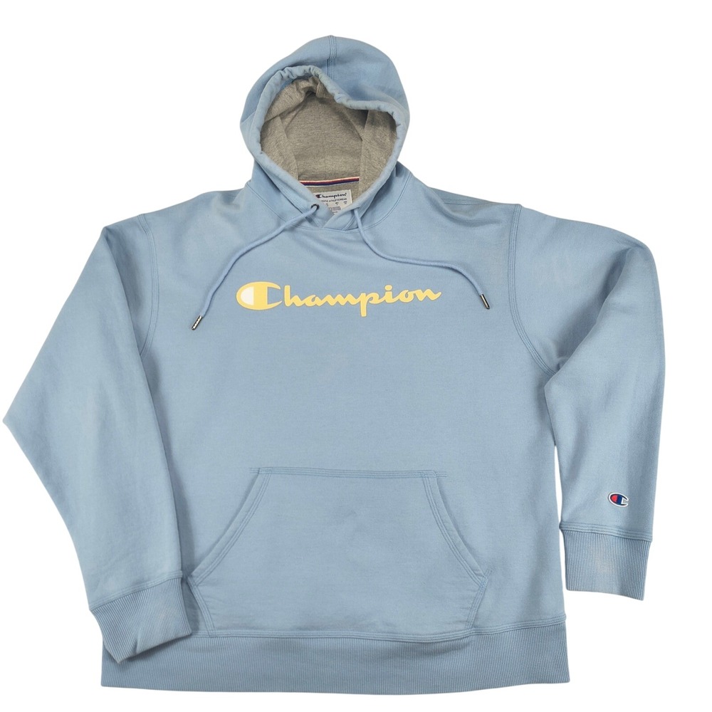 Champion Mens Hoodie Light Blue Large Pullover Graphic Logo Sweatshirt L